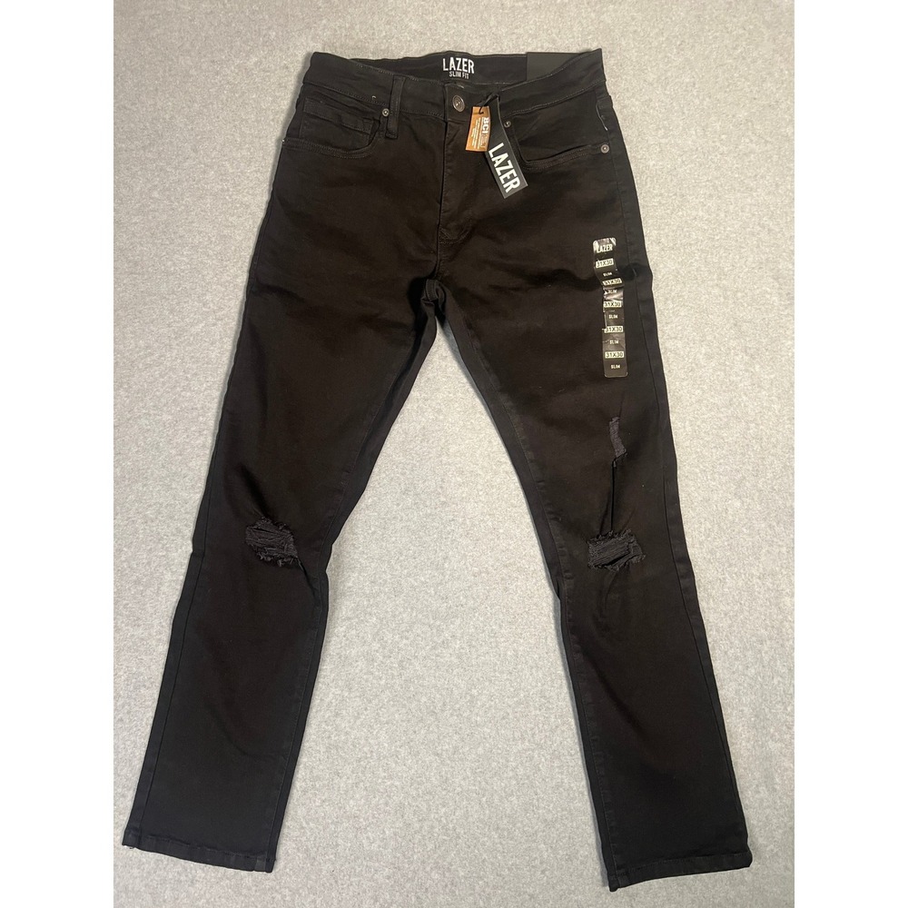 LAZER Men's‎ Black Slim Fit Jeans 31x30 Distressed Stretch Denim NWT